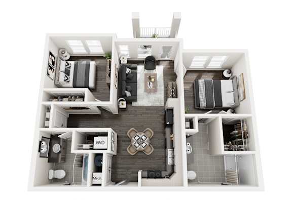 A 3D floor plan of a house with a living room, dining room, kitchen, and bathrooms.