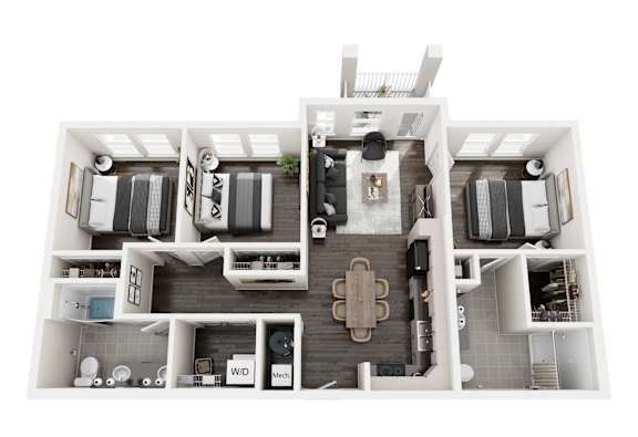 A 3D floor plan of a house with labeled rooms.