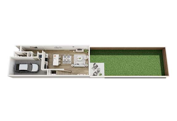 A 3D model of a white shelf with a green carpet on the right side.
