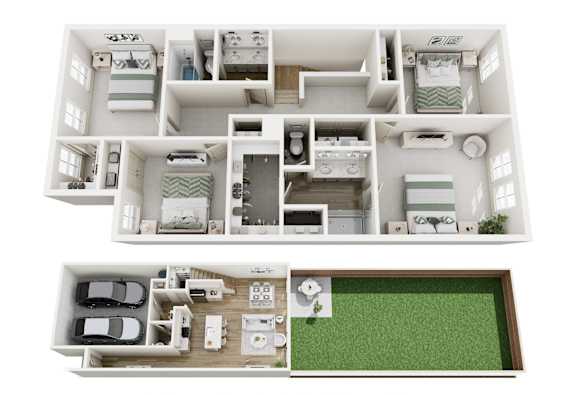 A diagram of a house layout with a kitchen, living room, and bedrooms.