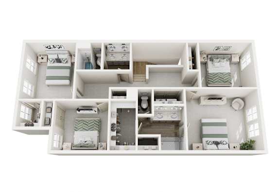 A 3D floor plan of a house with two bedrooms, a living room, a kitchen, and a bathroom.