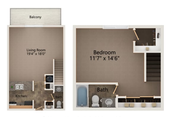 Cedar multilevel, one bedroom floorplan at highland view apartments