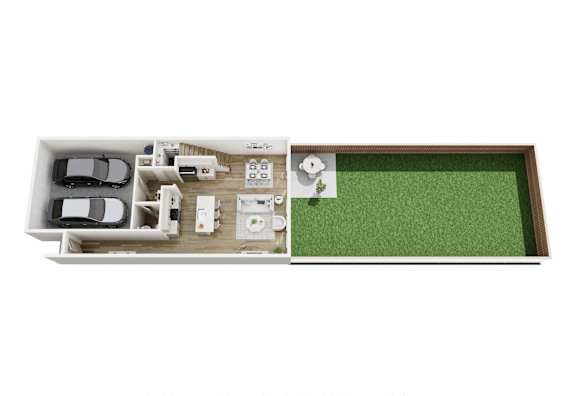 A 3D floor plan of a house with a green lawn.