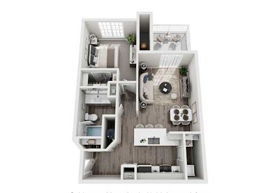 A 3D floor plan of a small apartment with a kitchen, living room, and bedroom.