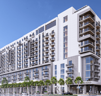 a rendering of a large white apartment building with balconies and palm trees