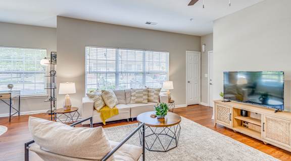 a living room with a couch and a tv