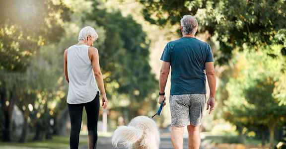 An elderly couple walking a small white dog in a park.