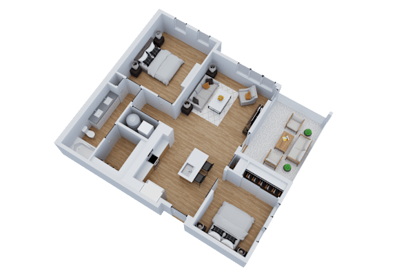 A 3D rendered image of a house layout.