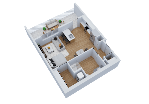 A 3D floor plan of a house with multiple rooms and furniture.