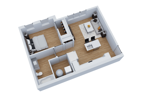 A 3D image of a house layout with two bedrooms, a living room, and a kitchen.