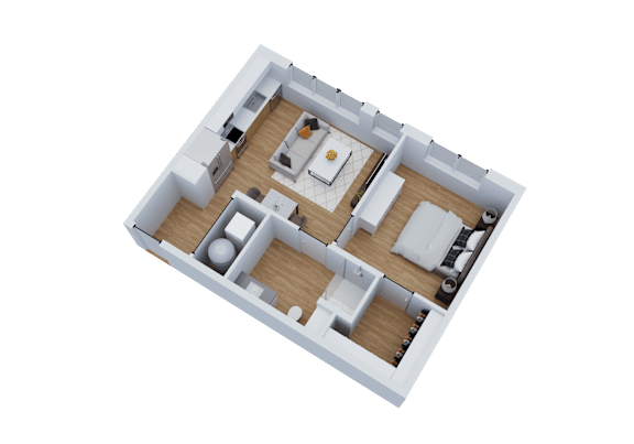 A 3D floor plan of a small apartment with a kitchen, living room, and two bedrooms.