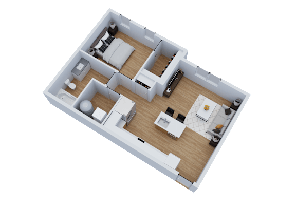 A 3D floor plan of a house layout.