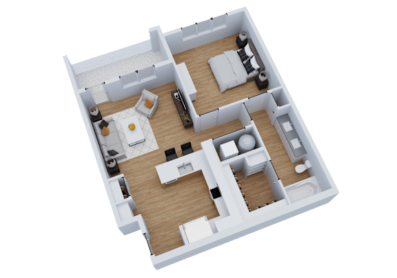A 3D floor plan of a house with a living room, kitchen, and two bedrooms.