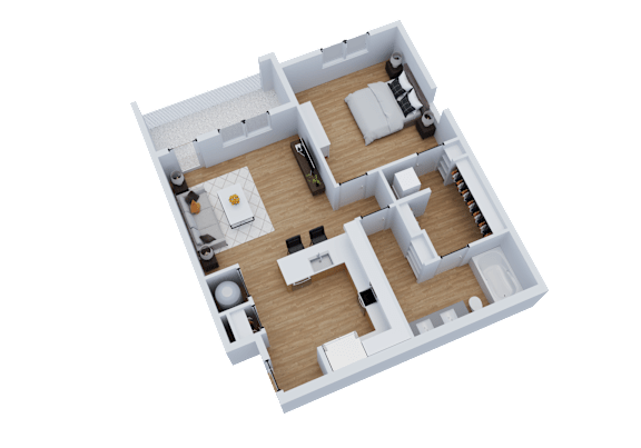 A 3D image of a small apartment layout with a kitchen, living room, and bedroom.