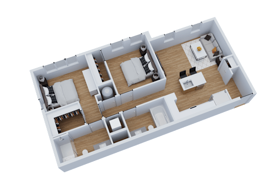 A 3D floor plan of a house with multiple rooms.