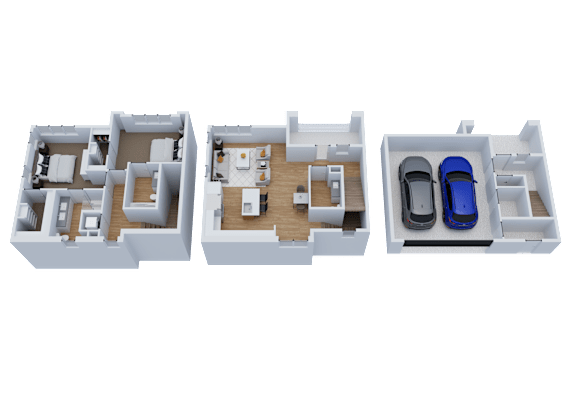 Three different layouts of a room with a bed, a desk, and a couch.