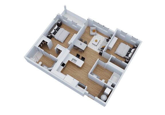 A 3D rendered image of a house layout.