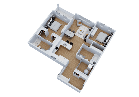 A 3D image of a house layout with multiple rooms.