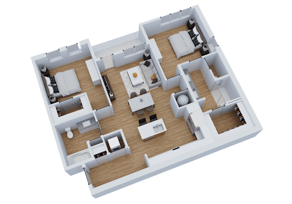 A 3D floor plan of a house with multiple rooms and furniture.