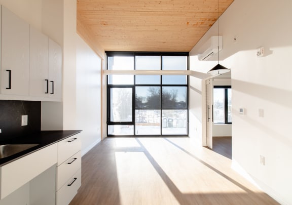 a room with natural light and kitchen sink