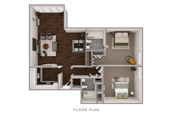 A floor plan of a small apartment with a kitchen, living room, and bedroom.
