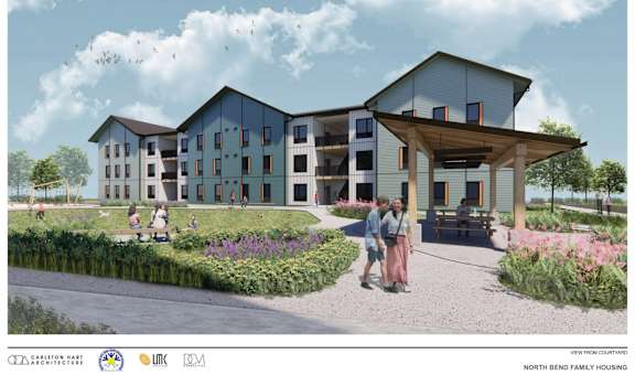 A rendering of a modern North Bend Family Housing complex with people walking around the courtyard.