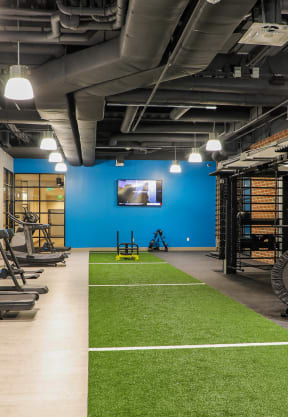 a green artificial turf football field in a gym with weights equipment and a tv on the wall