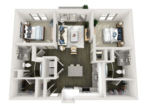 a 3d floor plan of a house with a bedroom and a living room