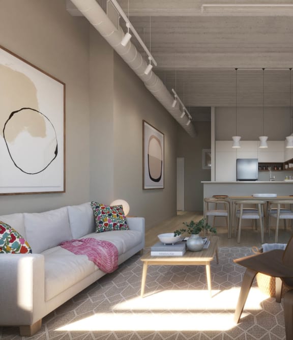 a living room and kitchen in a small apartment at East 4th Street, Cleveland, 44115