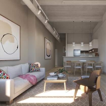 a living room and kitchen in a small apartment at East 4th Street, Ohio, 44115