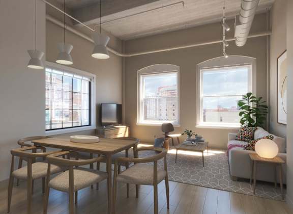 a rendering of a living room and dining room with a table and chairs at East 4th Street, Ohio, 44115