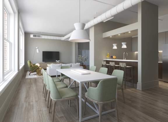 a rendering of a dining room with a table and chairs at East 4th Street, Ohio, 44115