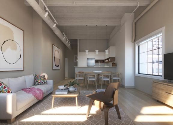 a living room and kitchen in a small apartment at East 4th Street, Cleveland, 44115
