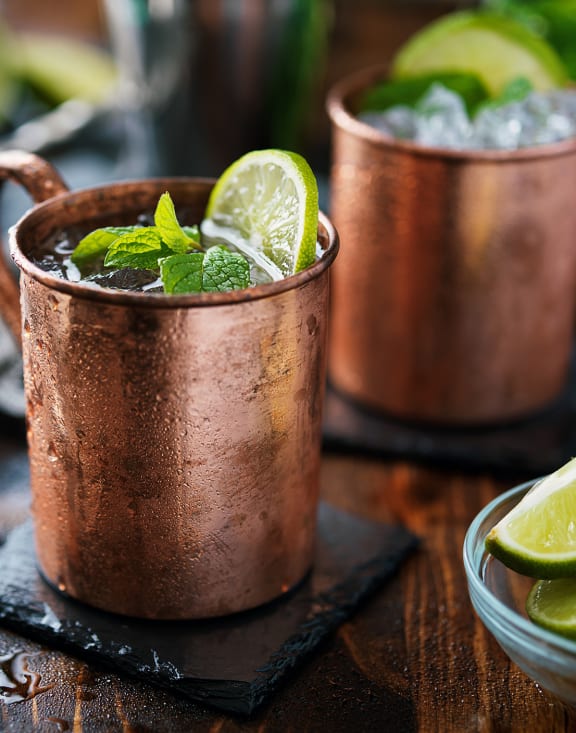 a mule drink in a copper mug with a slice of lime