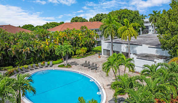 A swimming pool surrounded by palm trees and a building in the background.