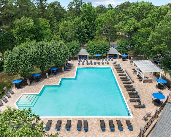 arial view of a resort style pool with chaise lounge chairs and umbrellas at Trails at Short Pump Apartments, Richmond, VA, 23233