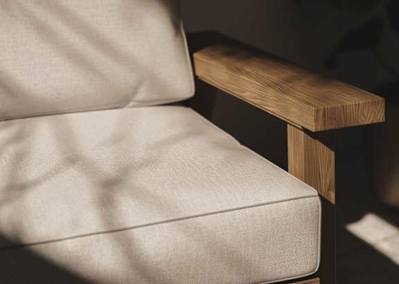A white chair with a wooden armrest.