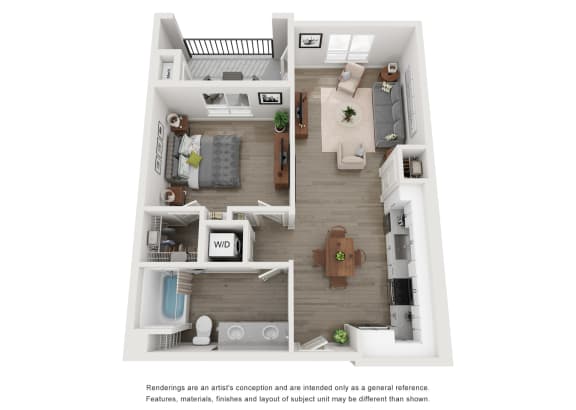 a stylized floor plan with a bedroom and a living room