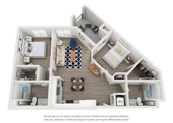 a stylized floor plan with a bedroom and a living room