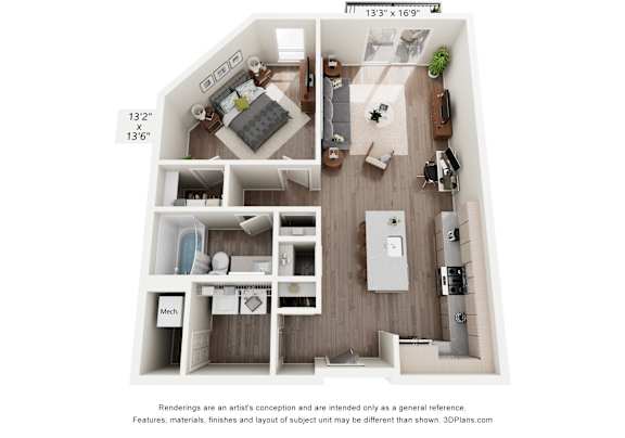A 3D floor plan of a house with a kitchen, living room, and two bedrooms.