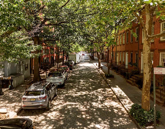 A tree-lined street with cars parked on the side.