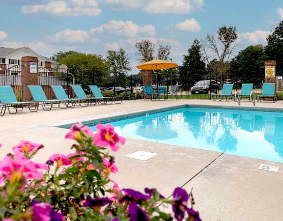 A pool surrounded by chairs and flowers with a building in the background.