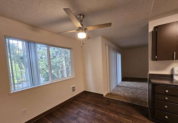A room with a ceiling fan and a window overlooking trees.