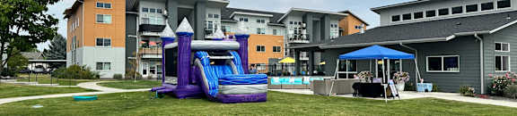 A purple and blue inflatable slide is in the middle of a grassy area.