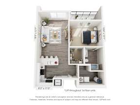 A floor plan of a one bedroom apartment with a kitchen, living room and bathroom.
