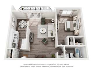 A 3D floor plan of a small apartment with a kitchen, living room, and bathroom.