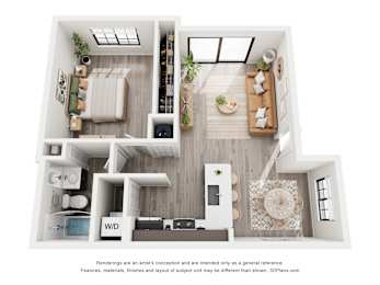 A 3D floor plan of a house with a living room, kitchen, and bathroom.