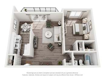 A 3D floor plan of a small apartment with a kitchen, living room, and bathroom.