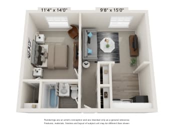 1 bed 1 bath GL1aSM Floor Plan at Glen Hollow, Croydon
