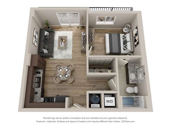 Floor Plan  a 1 bedroom floorplan is shown with an open floor plan